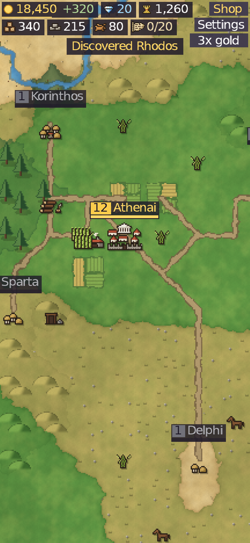 Emporia gameplay: the capital Athenai with farms, a lumberyard and roads to nearby towns